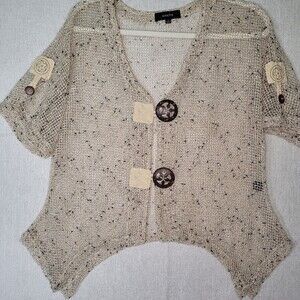 Kaktus Mesh Sheer V Neck Top Buttons Art to Wear Medium Tan Brown